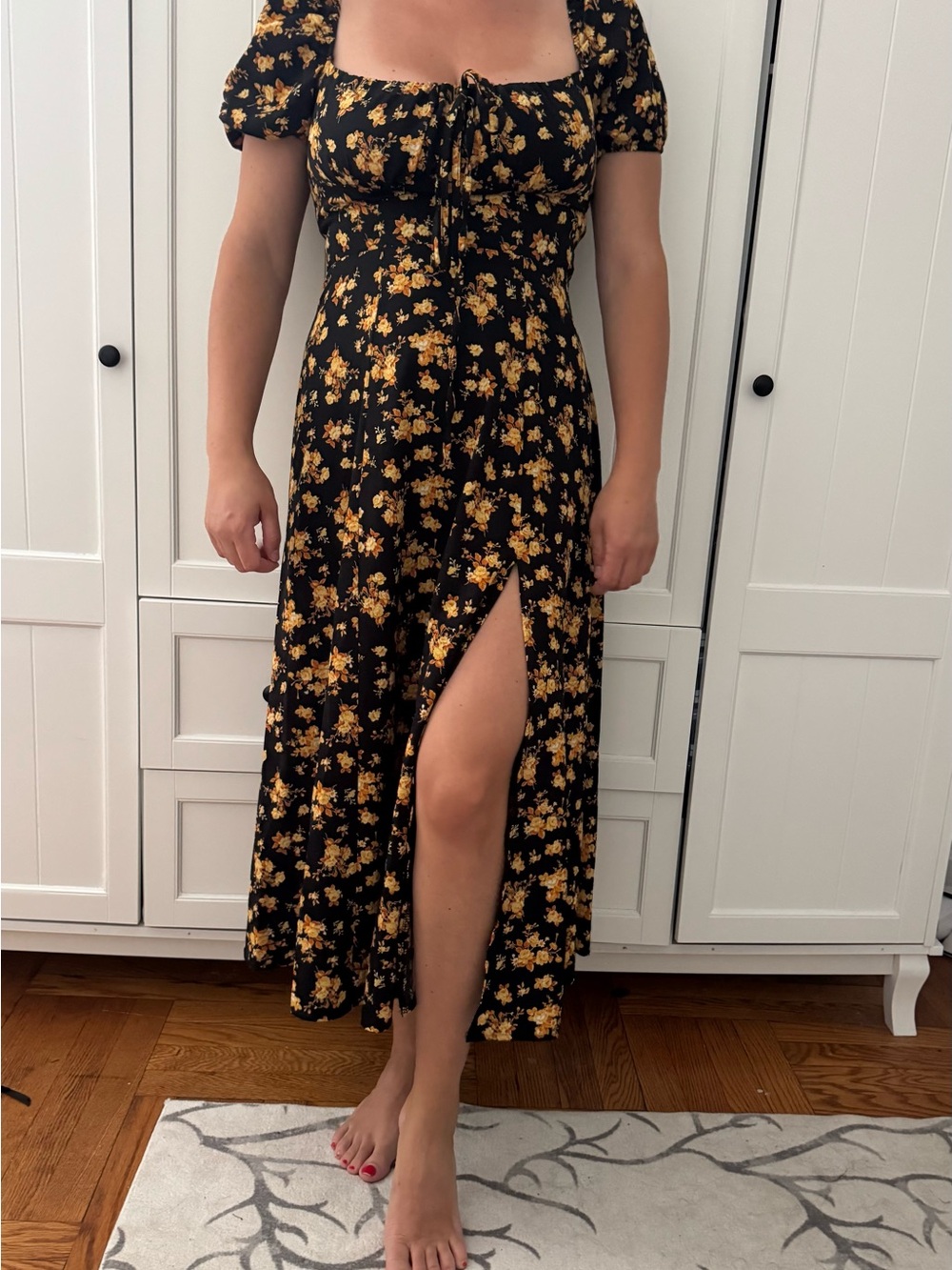 Floral Tie-Front Maxi Dress in Black and Yellow